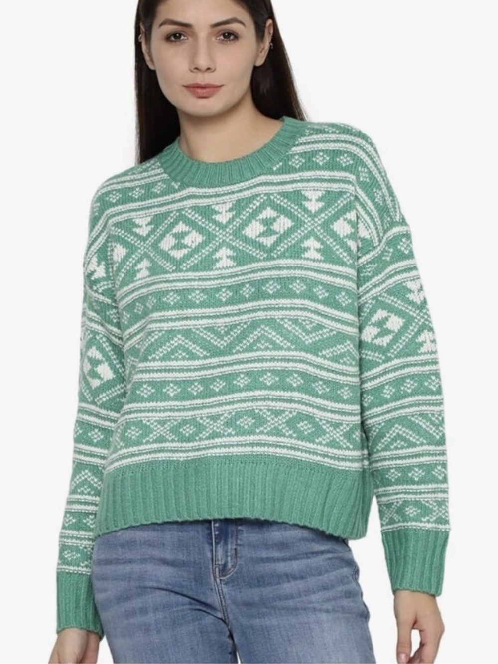 American Eagle Green Fair Isle Crewneck Sweater Snowdrift Geometric Knit Boho S